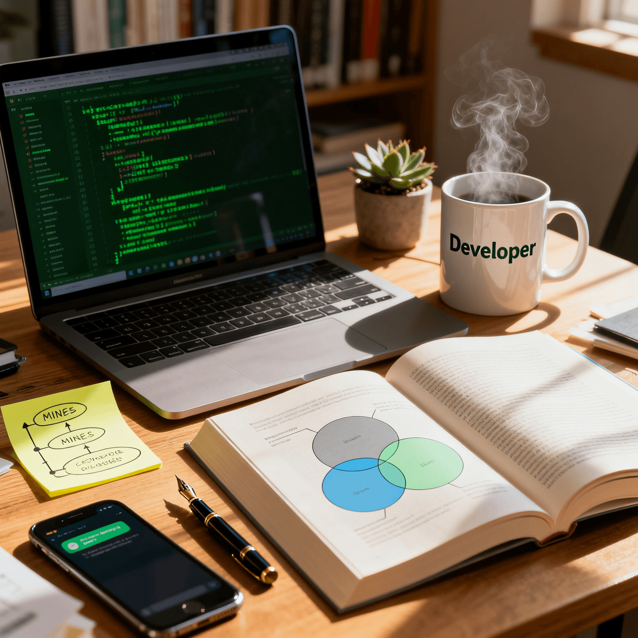 凌乱办公桌桌面场景：笔记本电脑、开发者马克杯、维恩图书籍与思维导图