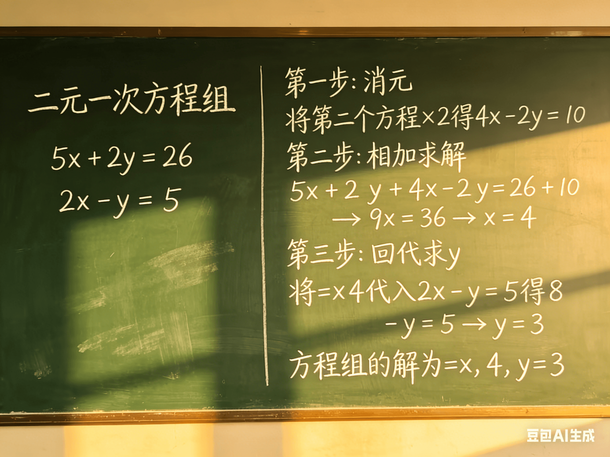 二元一次方程组解法详解：5x+2y=26与2x-y=5解题步骤教学
